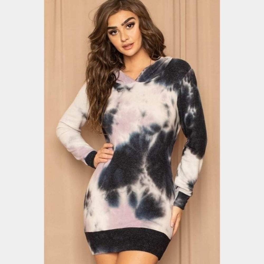 Tie Dye Hoodie Long Sleeve Sweatshirt Dress Black Multicolor